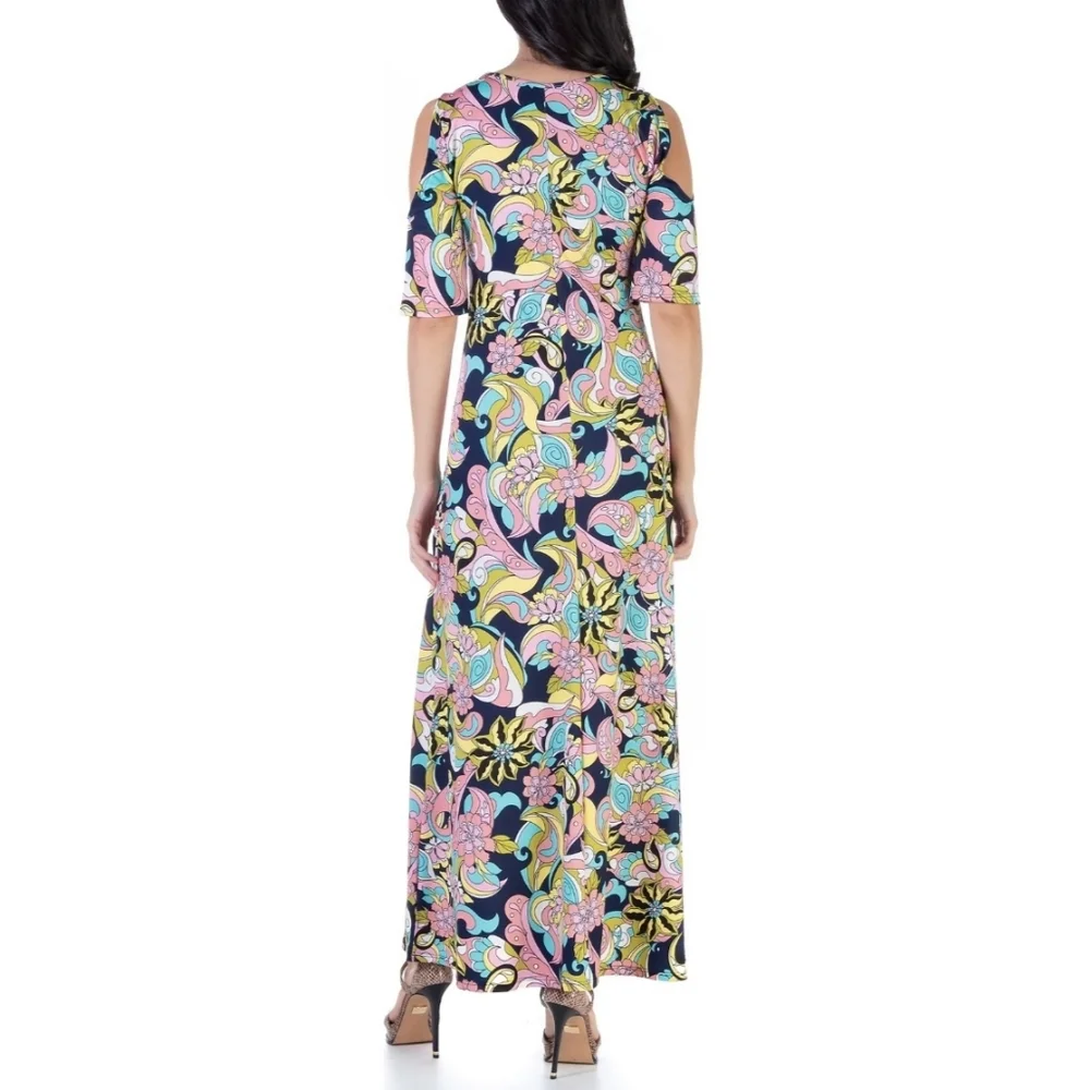 24seven Floral Cold Shoulder Flowy Casual Maxi Dress Large - Picture 3 of 10